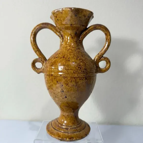 Vintage 1950's Toledo Spain Brown Yellow Speckled Glazed Pottery Vase 2 Handles